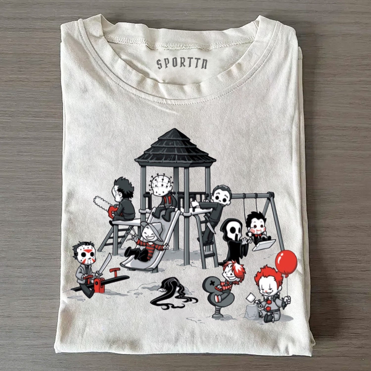 HORROR MOVIE CHARACTERS' PLAYFUL TIME AT THE PLAYGROUND T-SHIRT
